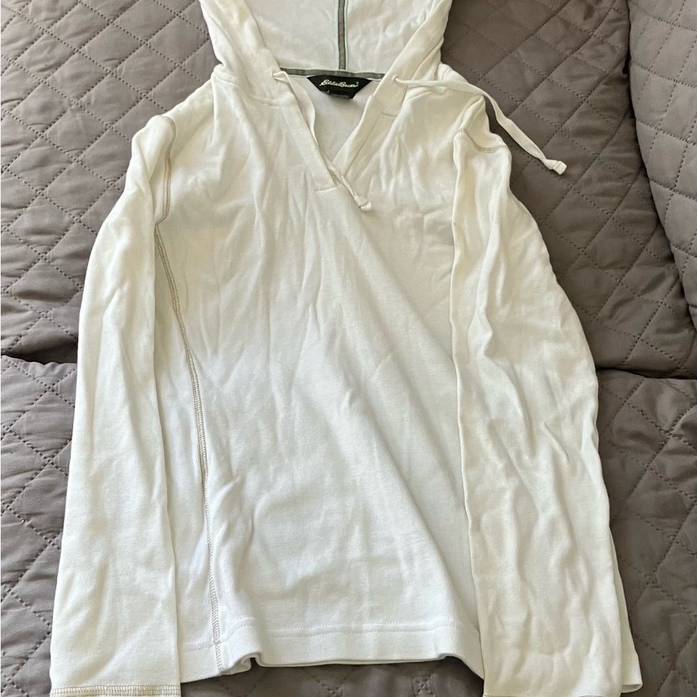 Women’s Eddie Bauer White and Aqua Hooded Top
